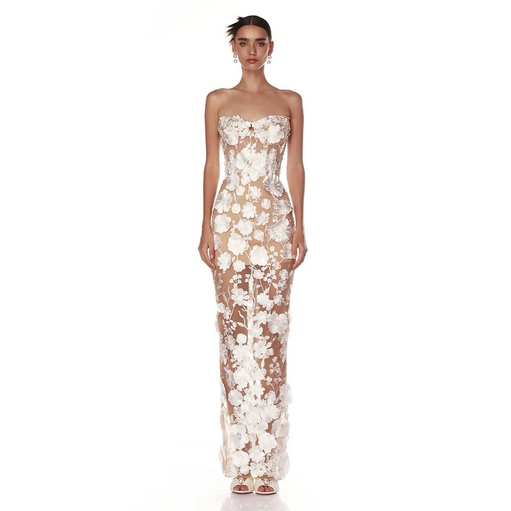 Bronx and Banco White Floral Appliqué Nude Strapless Maxi Dress